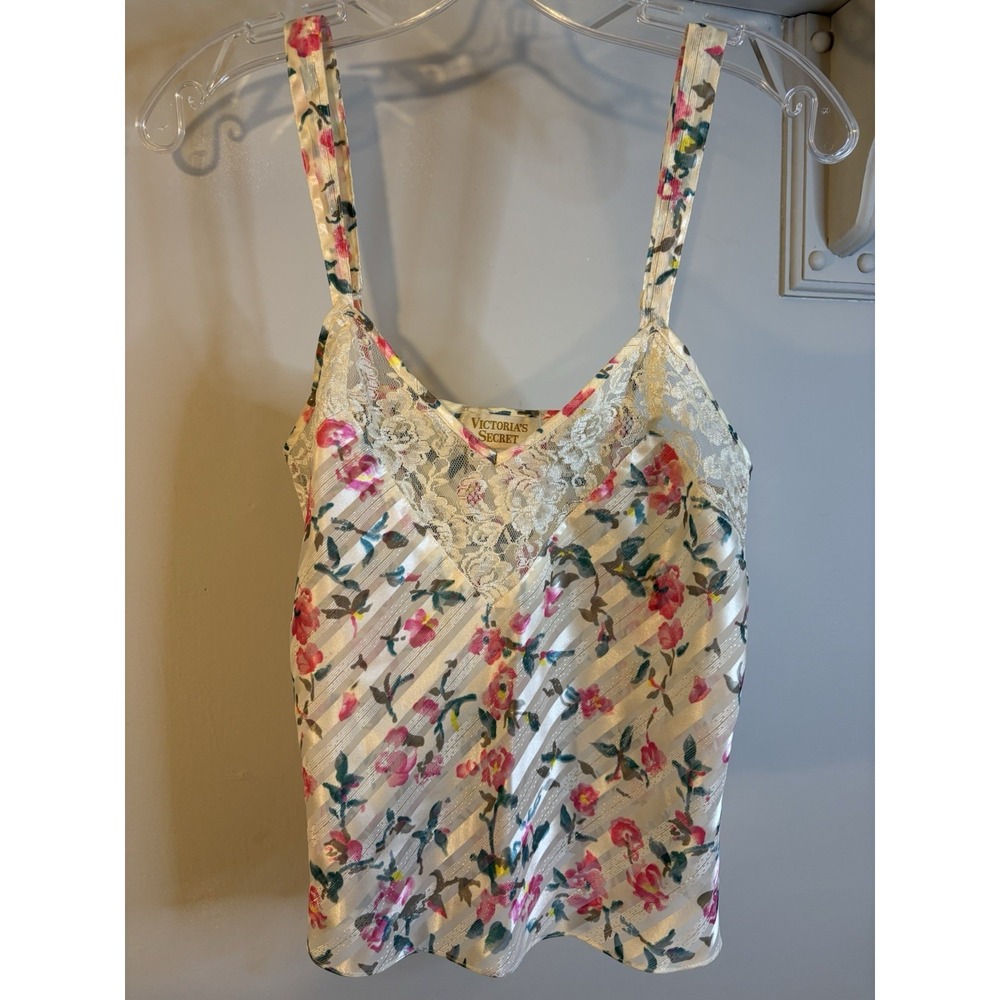VTG VICTORIA'S SECRET Ivory Floral & Lace Camisole Tank S Gold Label Metallic